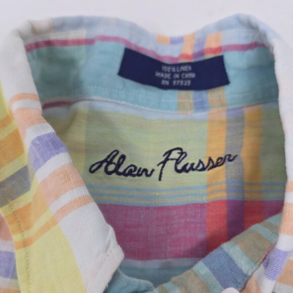 Alan Flusser Multicolor Plaid 100% Linen Short Sleeve Button Shirt Large L - Picture 4 of 5